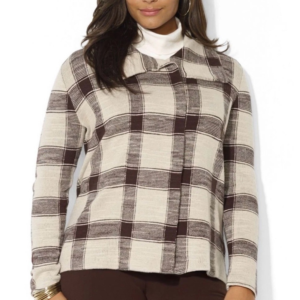 Lauren Ralph Lauren Brown Plaid Fold Over Collar Cardigan Sweater Size 3X